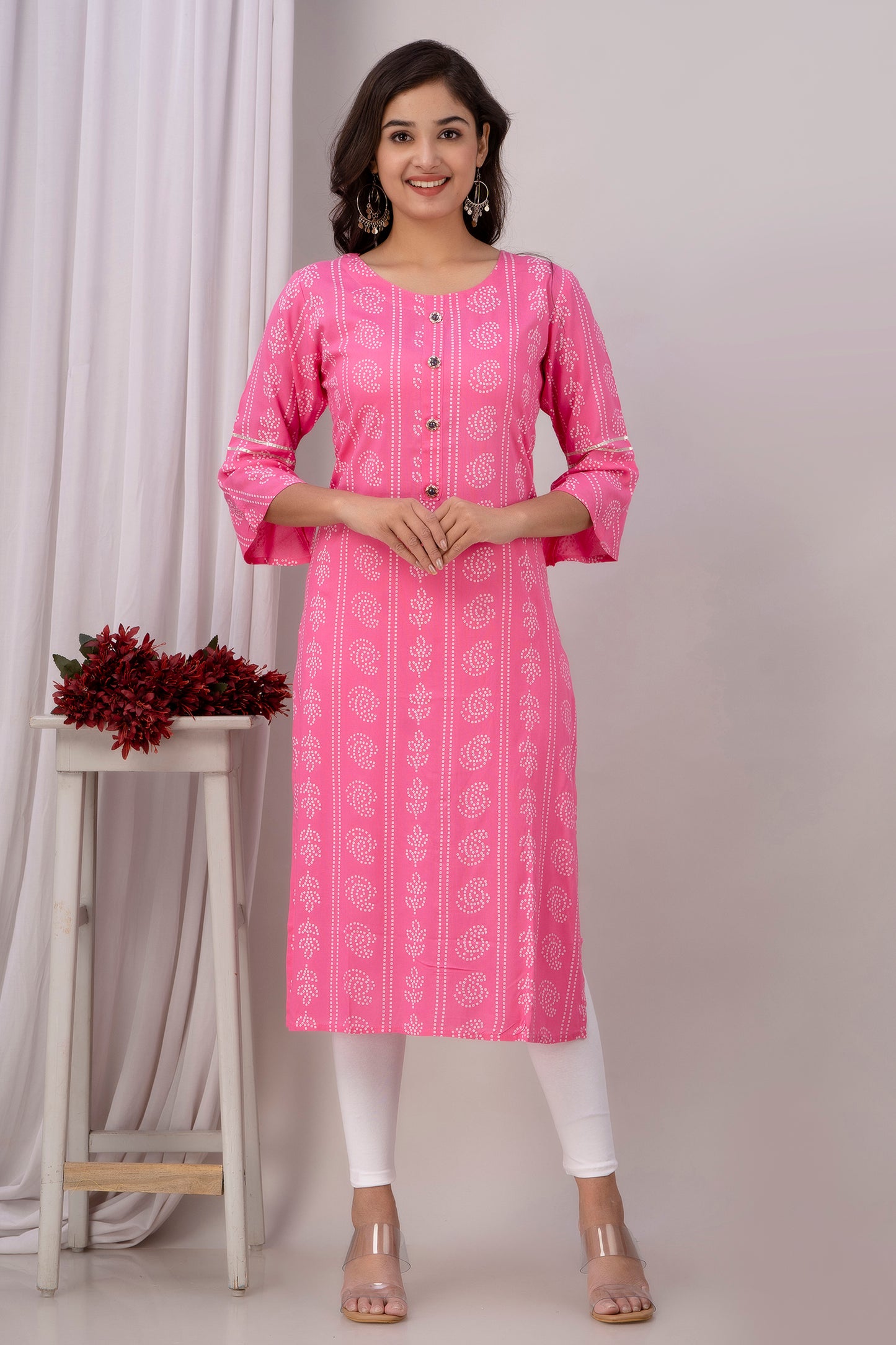 Pink Kurti with White Floral Motifs