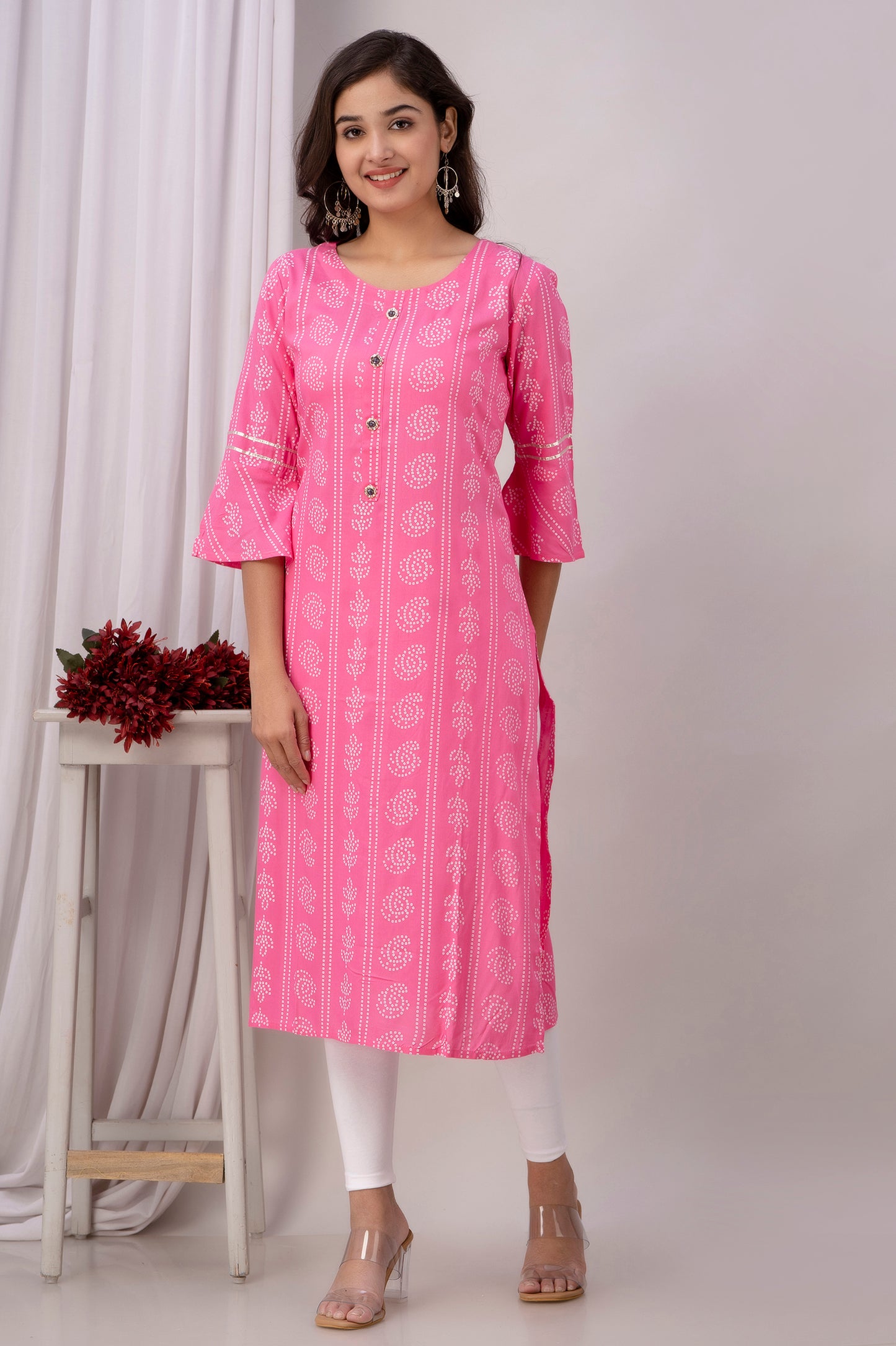 Pink Kurti with White Floral Motifs