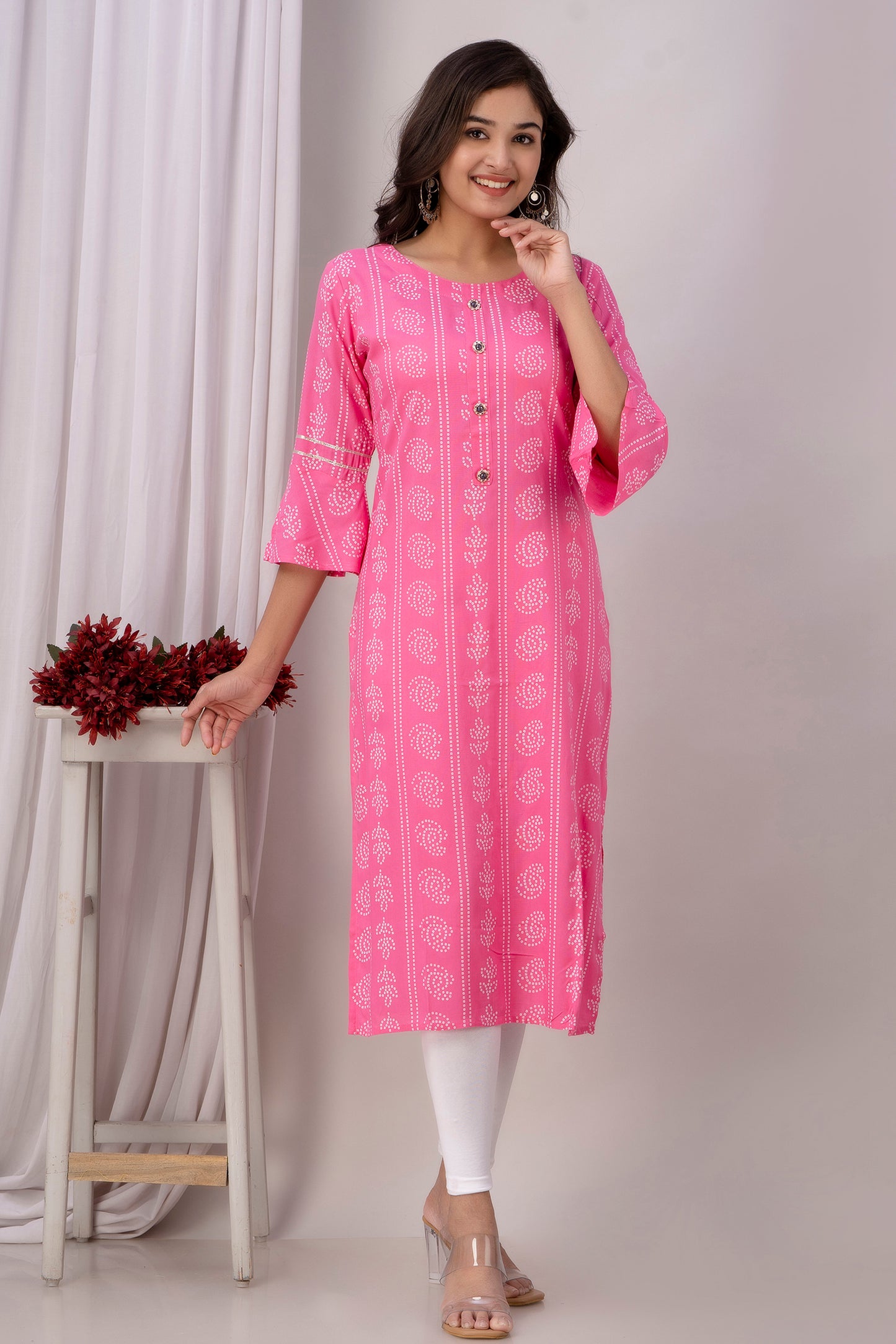 Pink Kurti with White Floral Motifs