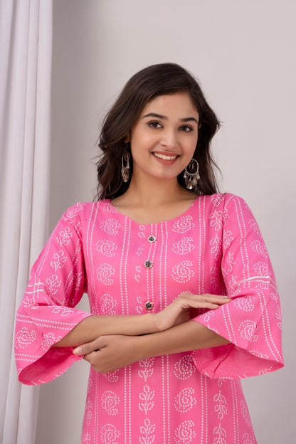 Pink Kurti with White Floral Motifs