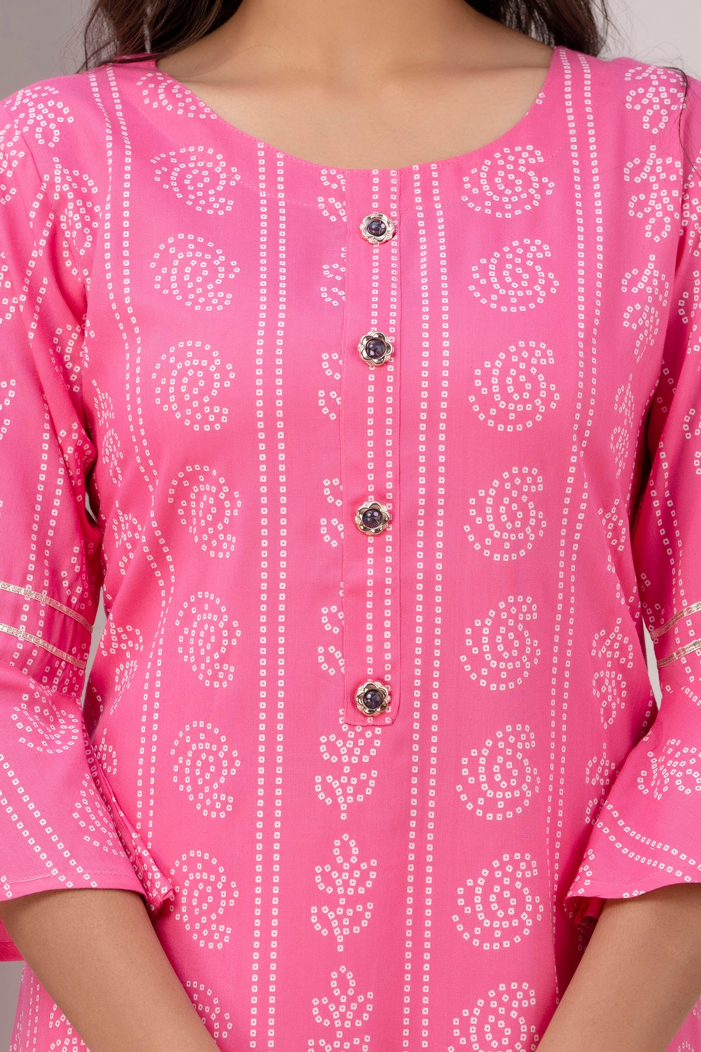 Pink Kurti with White Floral Motifs