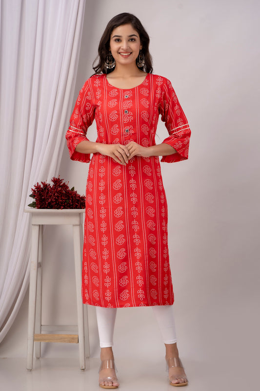 Red Kurti with White Floral Motifs