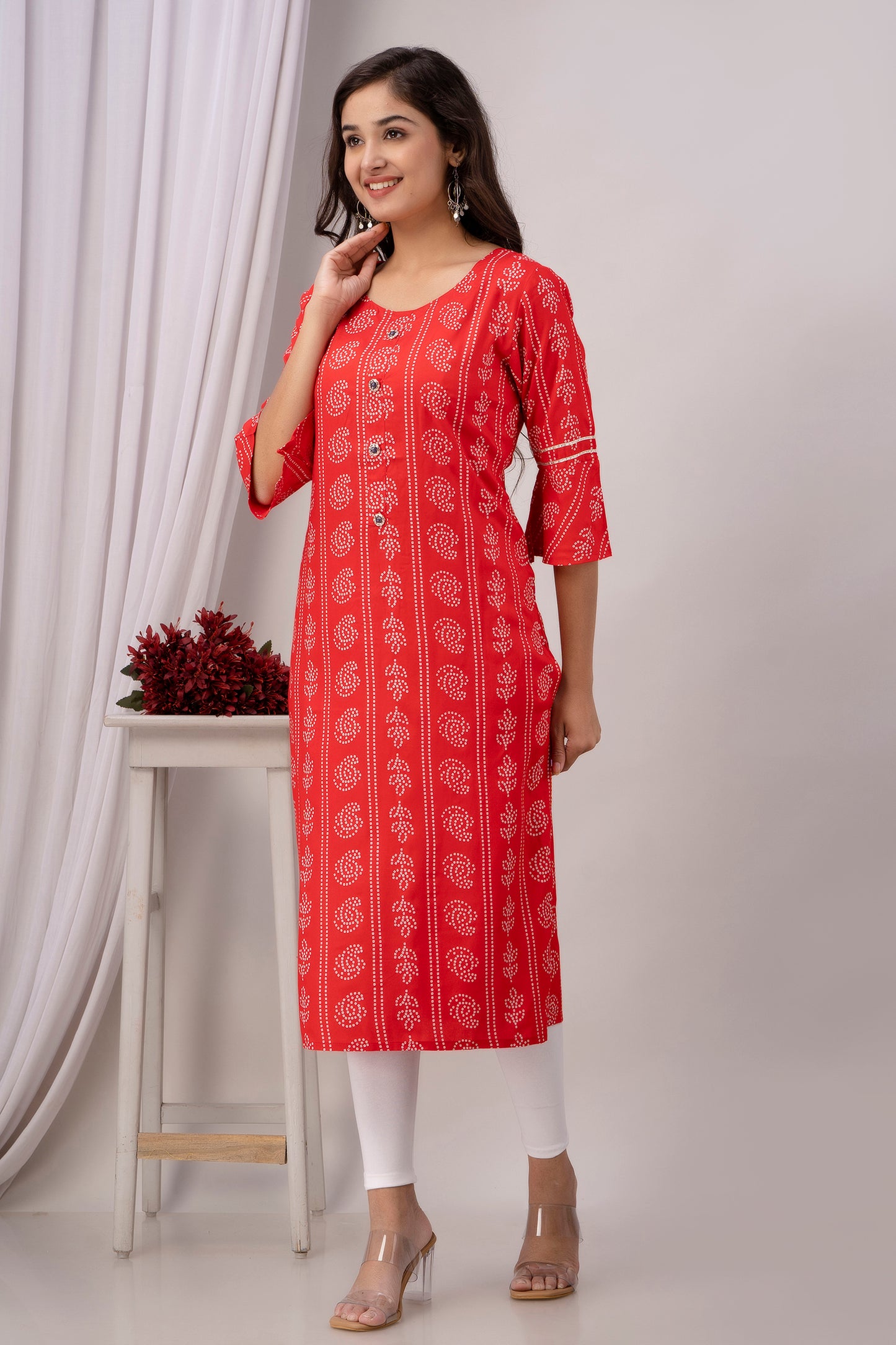 Red Kurti with White Floral Motifs