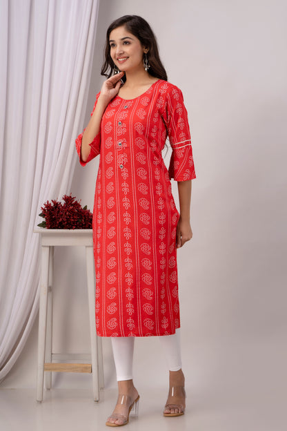 Red Kurti with White Floral Motifs