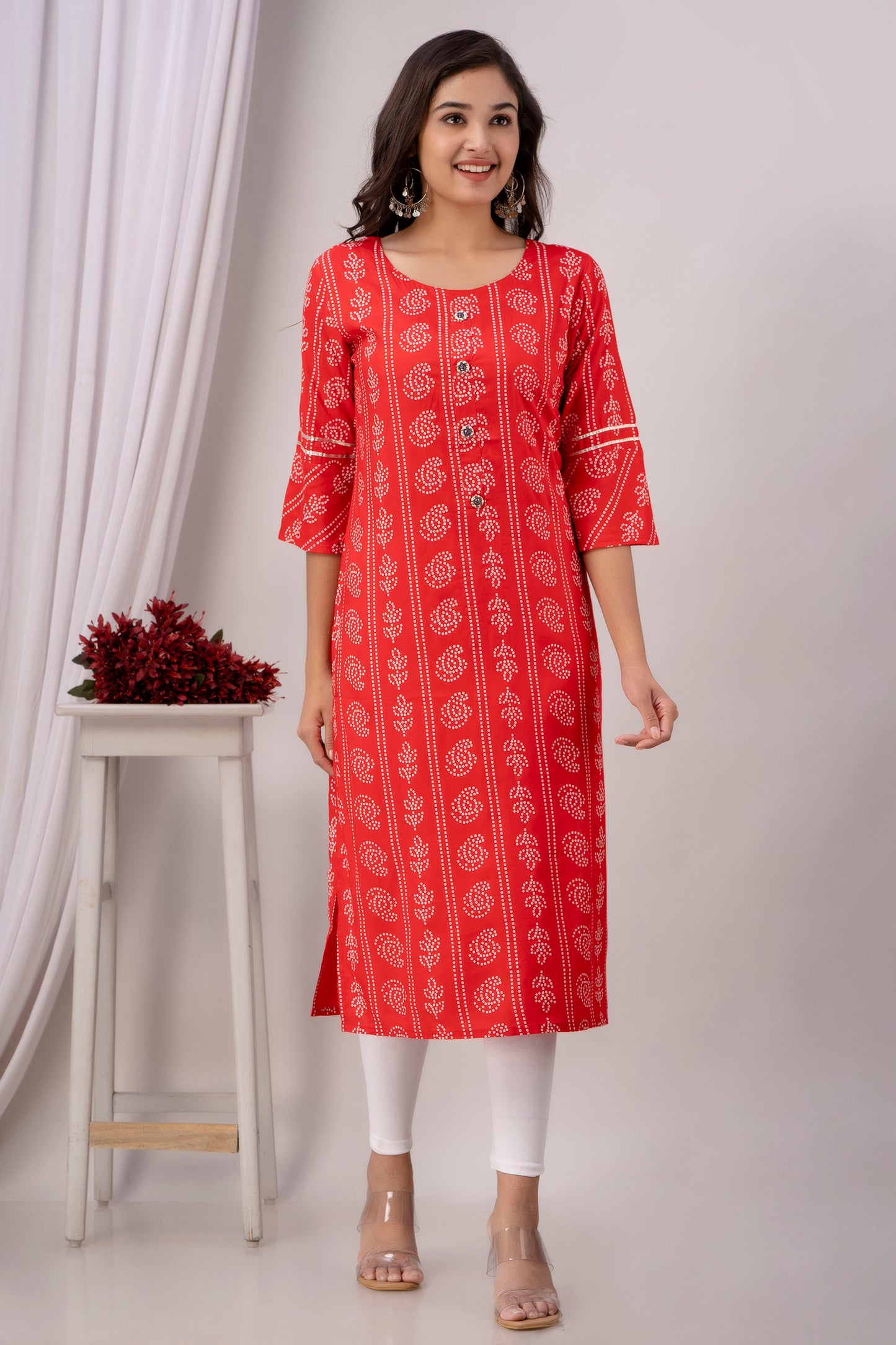 Red Kurti with White Floral Motifs