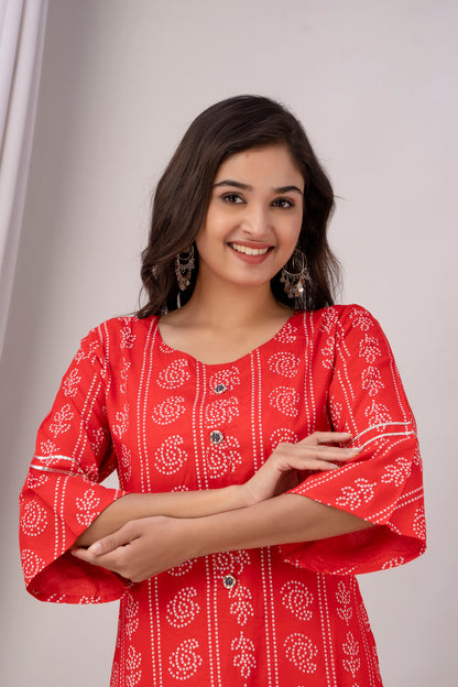 Red Kurti with White Floral Motifs