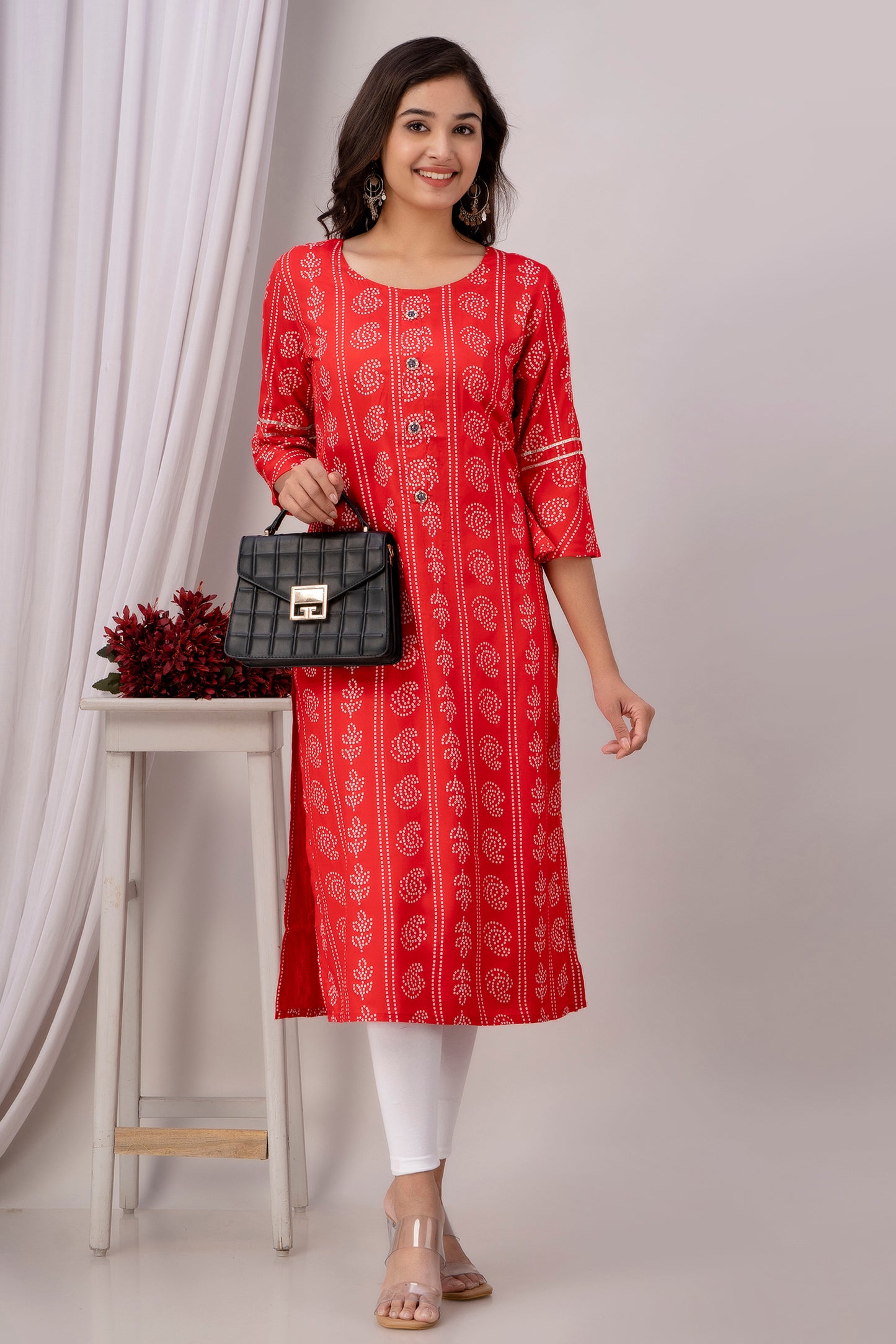 Red Kurti with White Floral Motifs