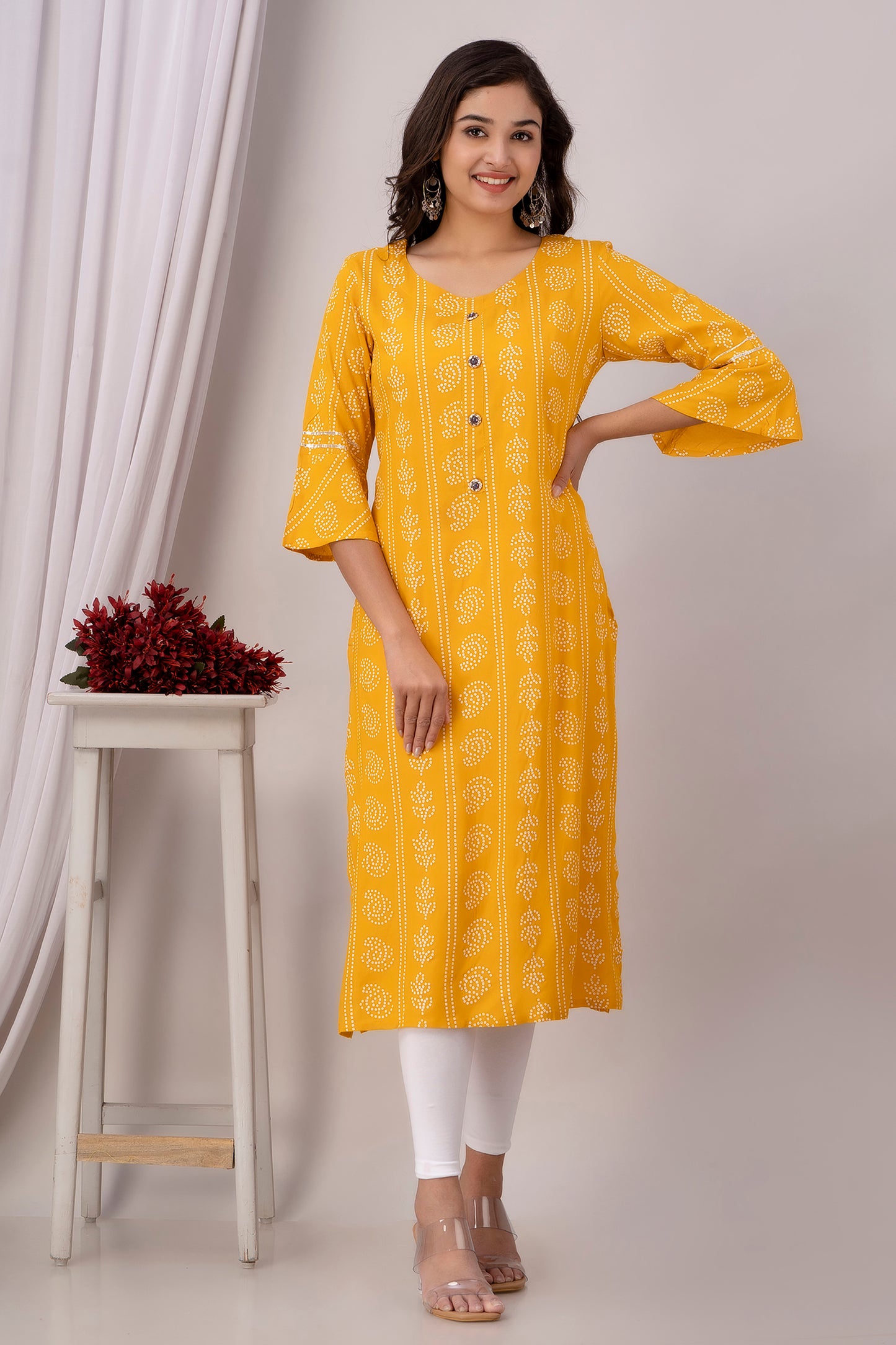 Yellow Kurti with White Floral Motifs