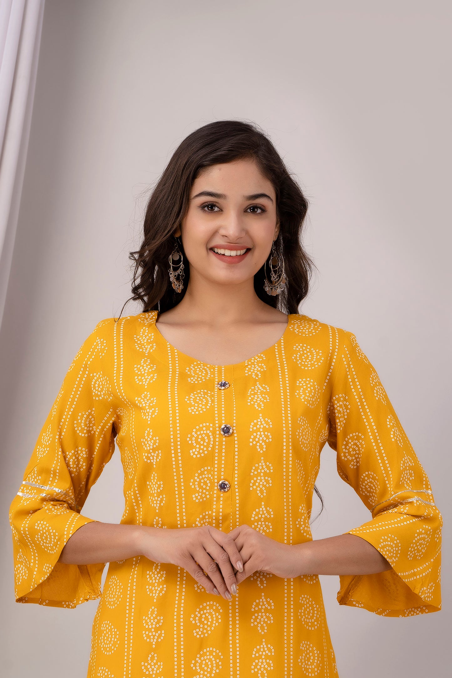 Yellow Kurti with White Floral Motifs