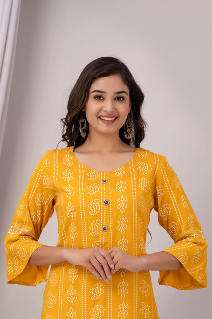 Yellow Kurti with White Floral Motifs