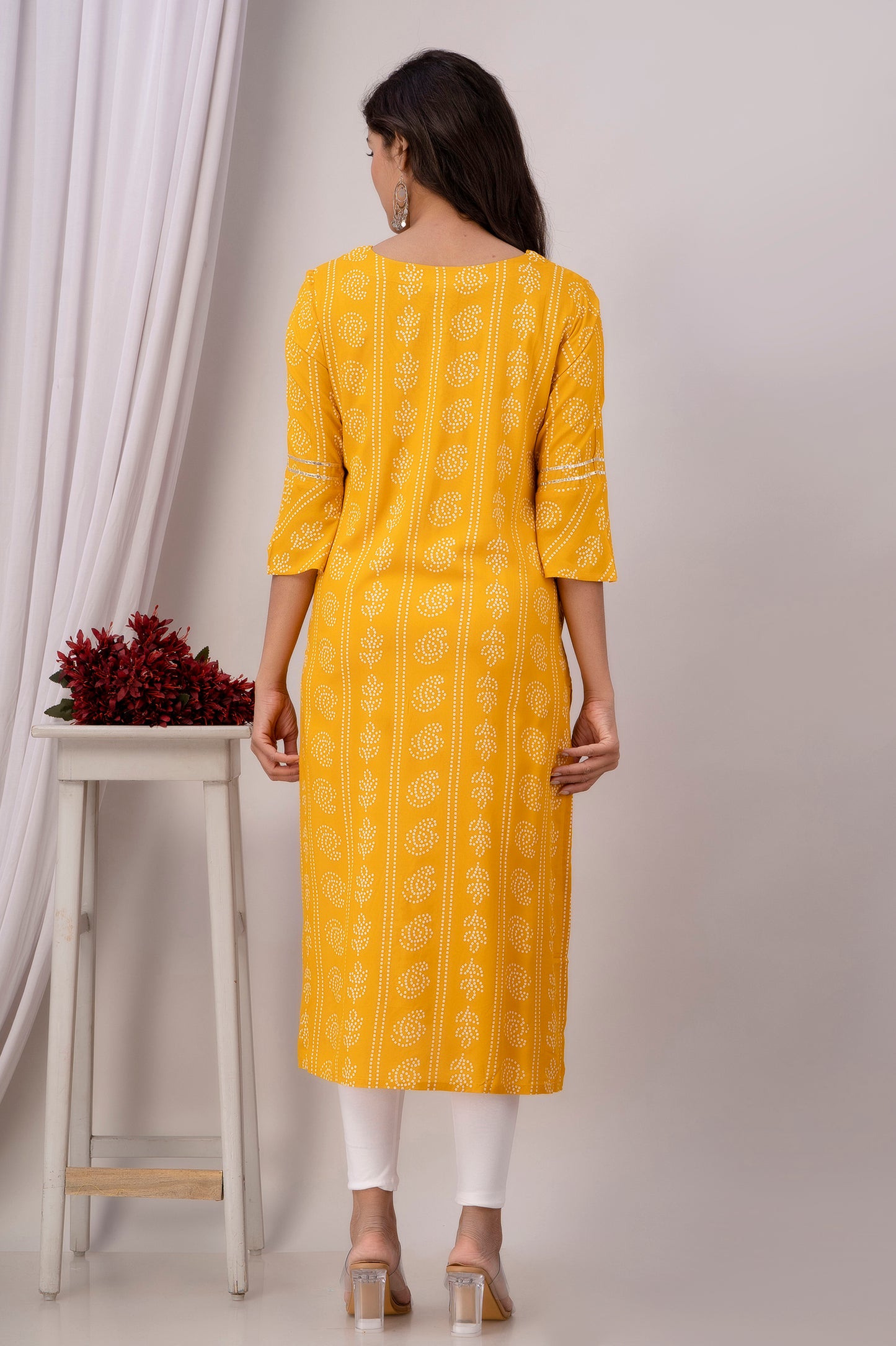 Yellow Kurti with White Floral Motifs