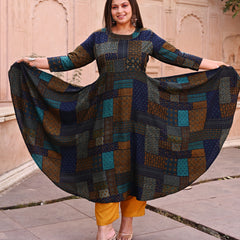 Rayon Printed Multicolor Calf-Length Anarkali Kurti with Three Quarter Sleeves (Plus Size)