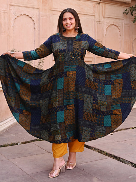 Rayon Printed Multicolor Calf-Length Anarkali Kurti with Three Quarter Sleeves (Plus Size)
