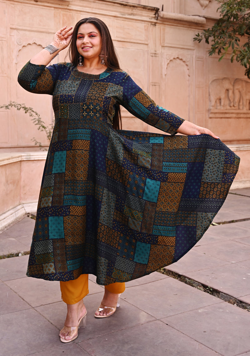 Rayon Printed Multicolor Calf-Length Anarkali Kurti with Three Quarter Sleeves (Plus Size)