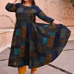 Rayon Printed Multicolor Calf-Length Anarkali Kurti with Three Quarter Sleeves (Plus Size)