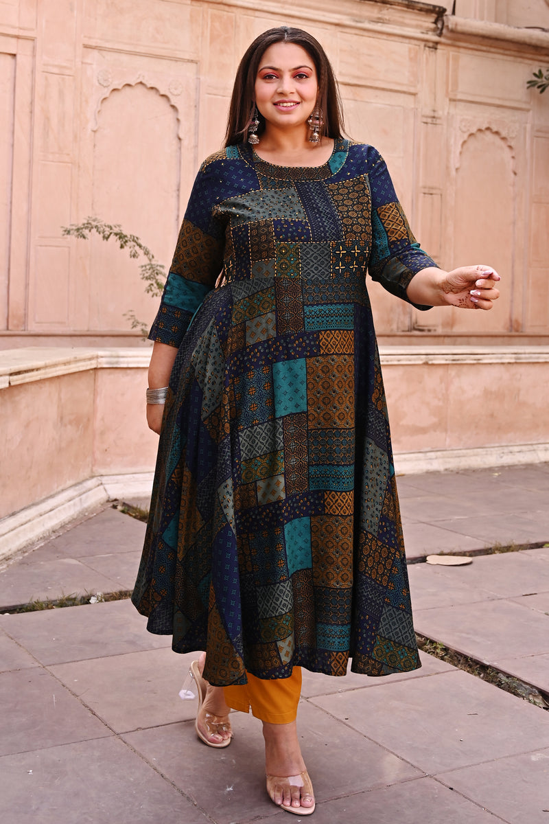 Rayon Printed Multicolor Calf-Length Anarkali Kurti with Three Quarter Sleeves (Plus Size)