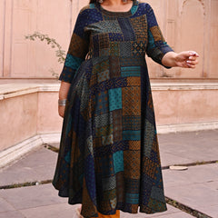 Rayon Printed Multicolor Calf-Length Anarkali Kurti with Three Quarter Sleeves (Plus Size)