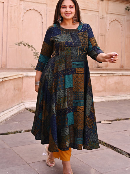 Rayon Printed Multicolor Calf-Length Anarkali Kurti with Three Quarter Sleeves (Plus Size)