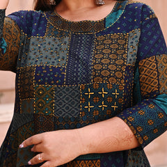 Rayon Printed Multicolor Calf-Length Anarkali Kurti with Three Quarter Sleeves (Plus Size)
