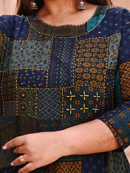 Rayon Printed Multicolor Calf-Length Anarkali Kurti with Three Quarter Sleeves (Plus Size)