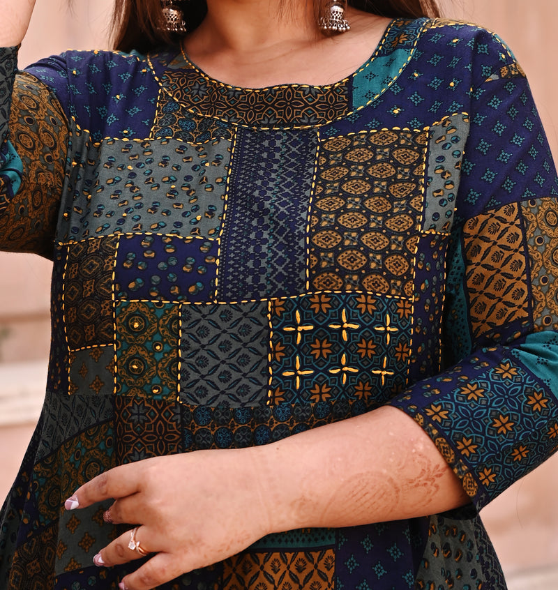 Rayon Printed Multicolor Calf-Length Anarkali Kurti with Three Quarter Sleeves (Plus Size)