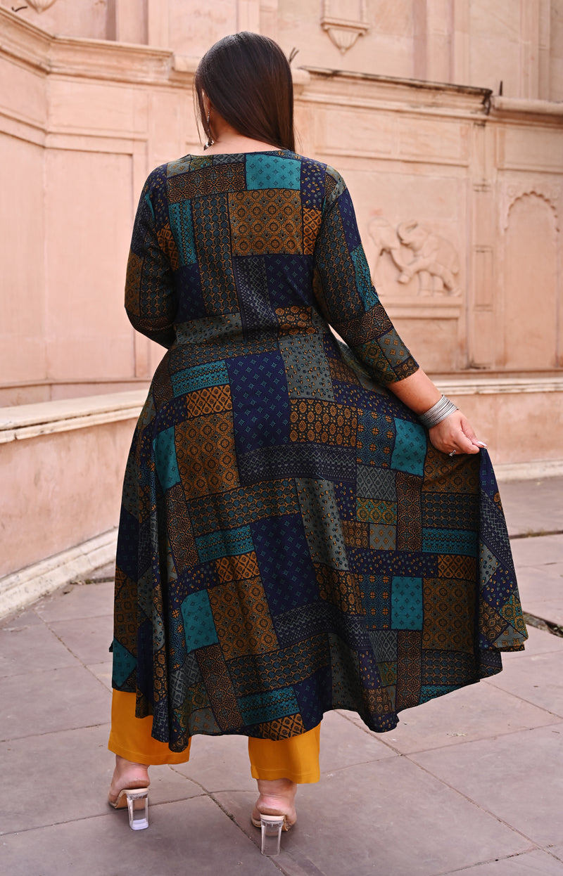 Rayon Printed Multicolor Calf-Length Anarkali Kurti with Three Quarter Sleeves (Plus Size)