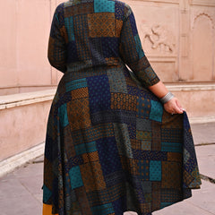 Rayon Printed Multicolor Calf-Length Anarkali Kurti with Three Quarter Sleeves (Plus Size)