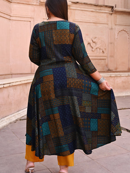 Rayon Printed Multicolor Calf-Length Anarkali Kurti with Three Quarter Sleeves (Plus Size)