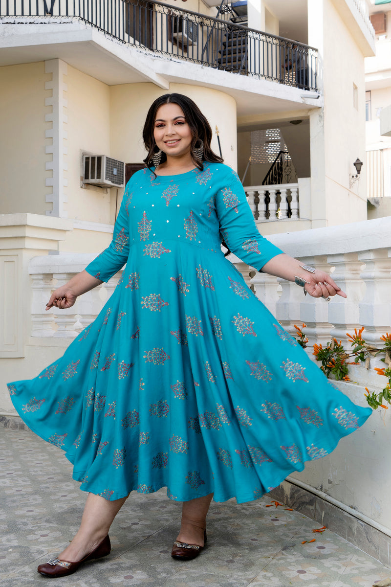 Rayon Printed Turquoise Calf-Length Anarkali Kurti with Three Quarter Sleeves (Plus Size)