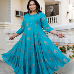 Rayon Printed Turquoise Calf-Length Anarkali Kurti with Three Quarter Sleeves (Plus Size)