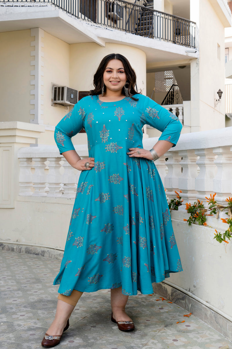 Rayon Printed Turquoise Calf-Length Anarkali Kurti with Three Quarter Sleeves (Plus Size)