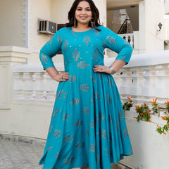 Rayon Printed Turquoise Calf-Length Anarkali Kurti with Three Quarter Sleeves (Plus Size)