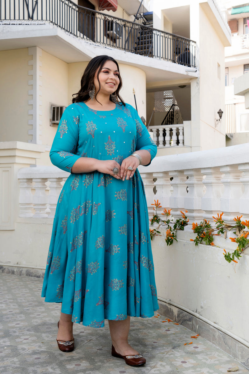 Rayon Printed Turquoise Calf-Length Anarkali Kurti with Three Quarter Sleeves (Plus Size)