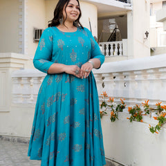 Rayon Printed Turquoise Calf-Length Anarkali Kurti with Three Quarter Sleeves (Plus Size)