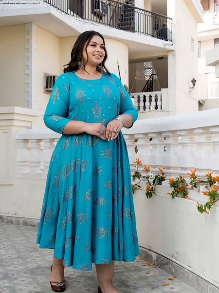 Rayon Printed Turquoise Calf-Length Anarkali Kurti with Three Quarter Sleeves (Plus Size)