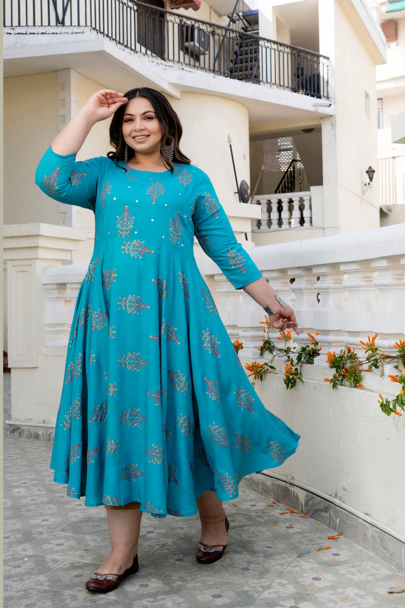 Rayon Printed Turquoise Calf-Length Anarkali Kurti with Three Quarter Sleeves (Plus Size)