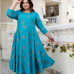 Rayon Printed Turquoise Calf-Length Anarkali Kurti with Three Quarter Sleeves (Plus Size)