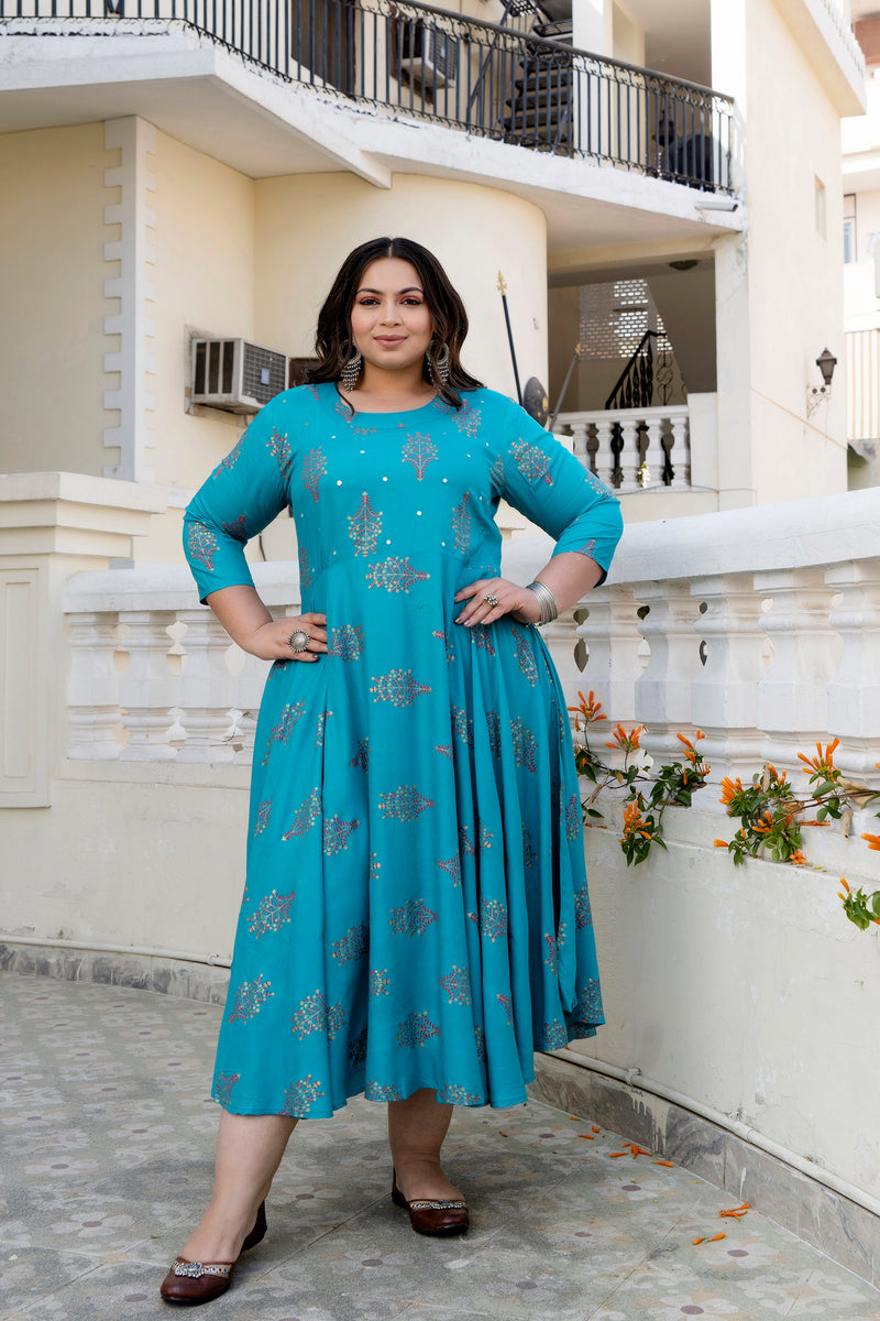 Rayon Printed Turquoise Calf-Length Anarkali Kurti with Three Quarter Sleeves (Plus Size)