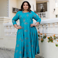 Rayon Printed Turquoise Calf-Length Anarkali Kurti with Three Quarter Sleeves (Plus Size)