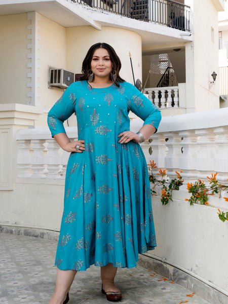 Rayon Printed Turquoise Calf-Length Anarkali Kurti with Three Quarter Sleeves (Plus Size)