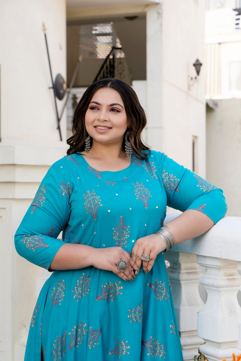Rayon Printed Turquoise Calf-Length Anarkali Kurti with Three Quarter Sleeves (Plus Size)
