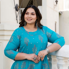 Rayon Printed Turquoise Calf-Length Anarkali Kurti with Three Quarter Sleeves (Plus Size)