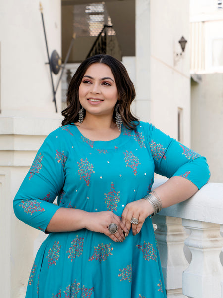 Rayon Printed Turquoise Calf-Length Anarkali Kurti with Three Quarter Sleeves (Plus Size)