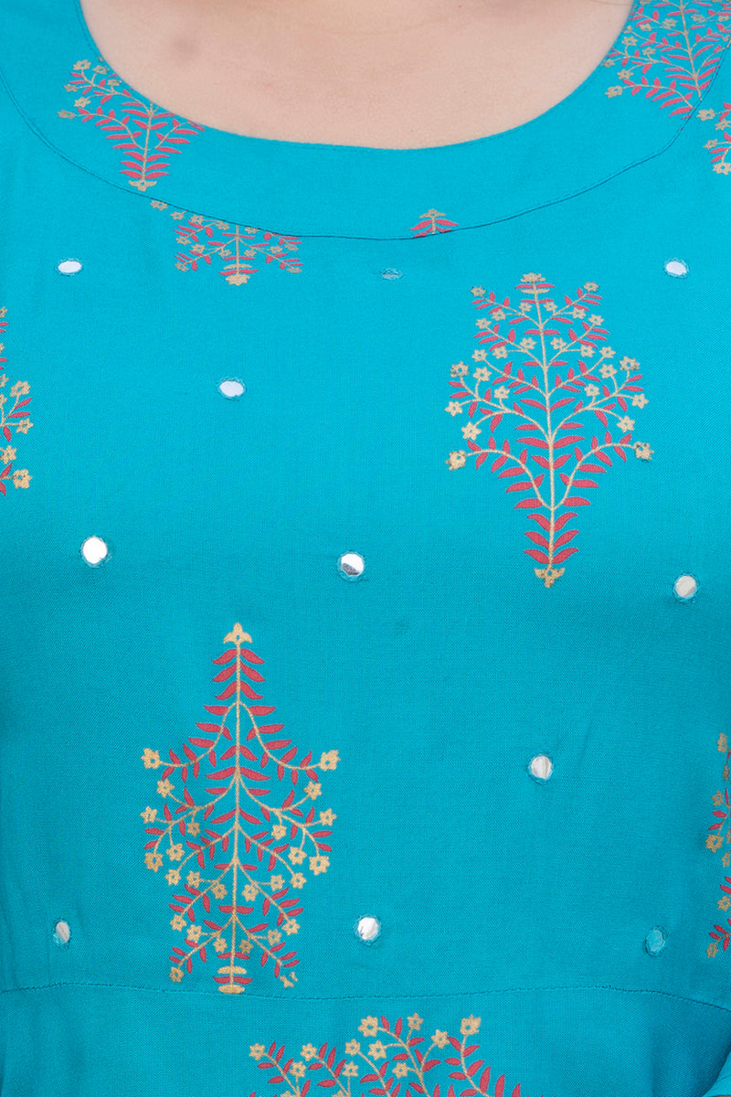Rayon Printed Turquoise Calf-Length Anarkali Kurti with Three Quarter Sleeves (Plus Size)