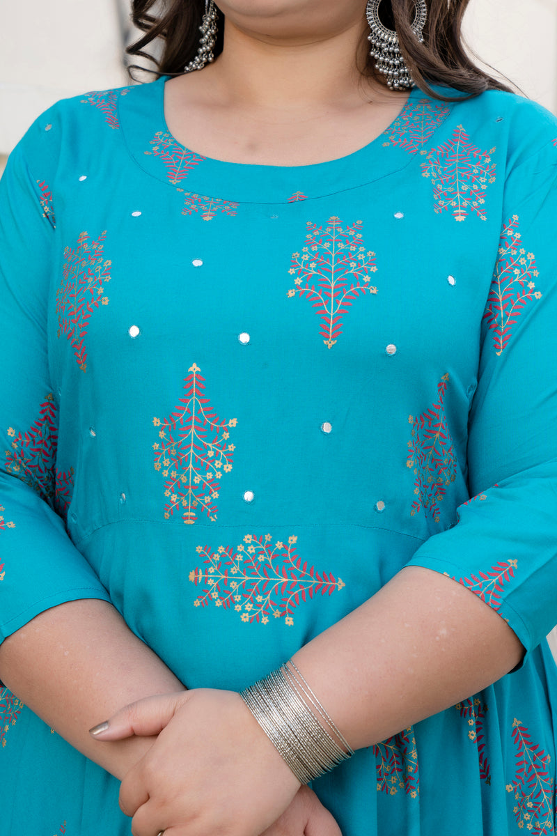 Rayon Printed Turquoise Calf-Length Anarkali Kurti with Three Quarter Sleeves (Plus Size)