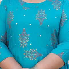 Rayon Printed Turquoise Calf-Length Anarkali Kurti with Three Quarter Sleeves (Plus Size)