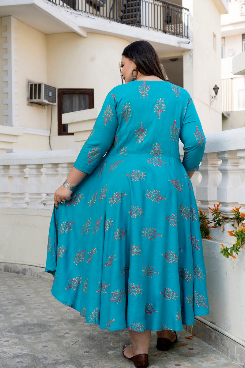 Rayon Printed Turquoise Calf-Length Anarkali Kurti with Three Quarter Sleeves (Plus Size)