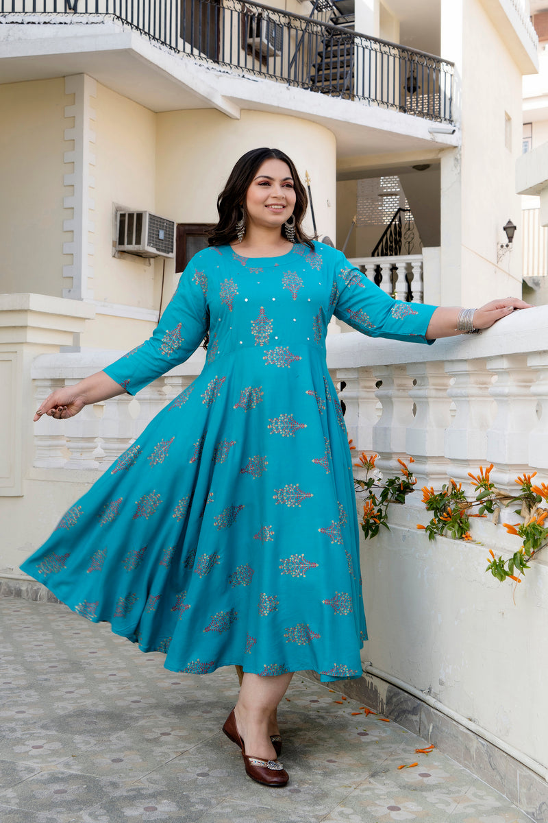 Rayon Printed Turquoise Calf-Length Anarkali Kurti with Three Quarter Sleeves (Plus Size)