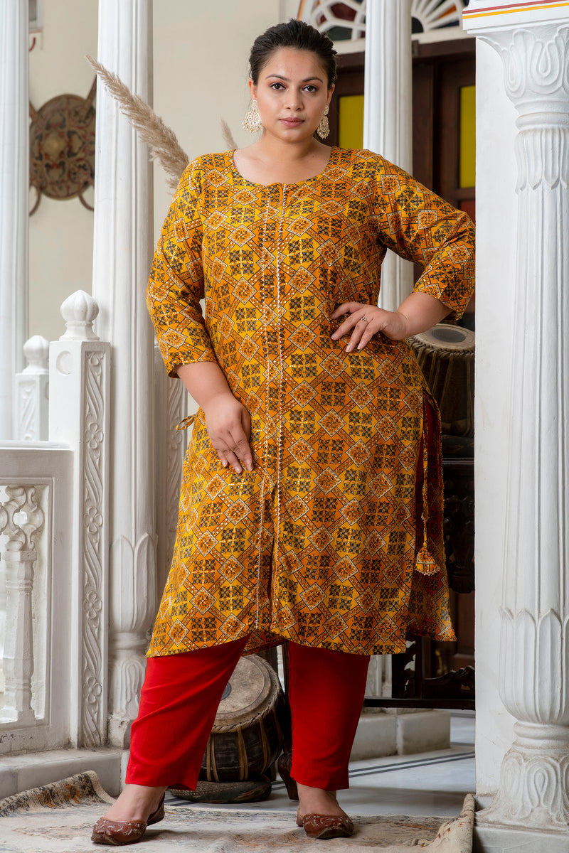 Cotton Printed Yellow Calf-Length Kurti with Three Quarter Sleeves (Plus Size)