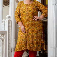 Cotton Printed Yellow Calf-Length Kurti with Three Quarter Sleeves (Plus Size)